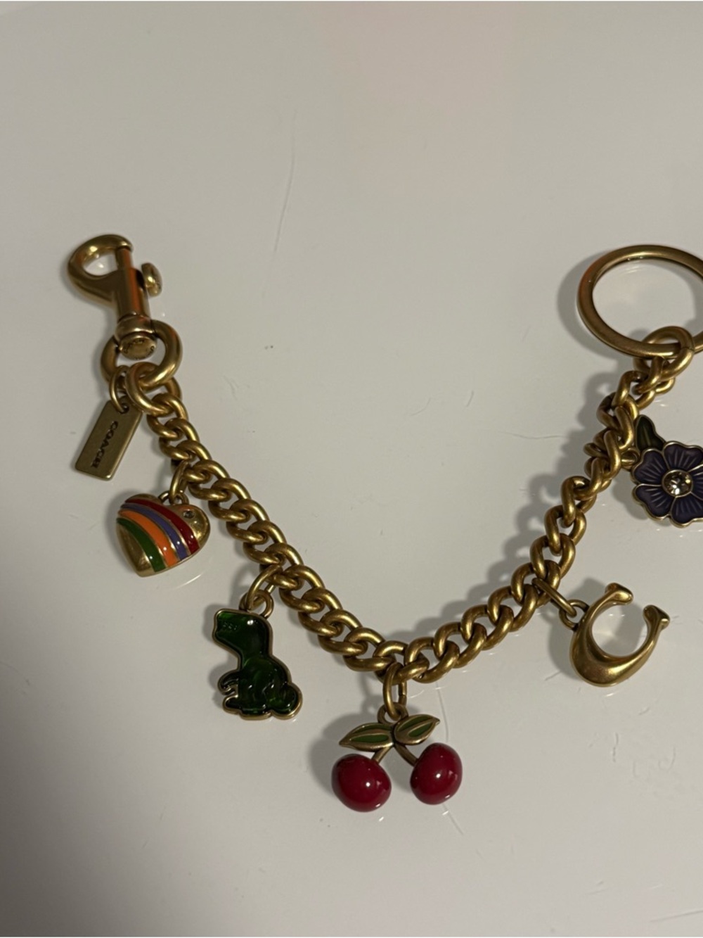 Coach Gold-Tone Charm Key & Card Holder with Multicolored Enamel Charms